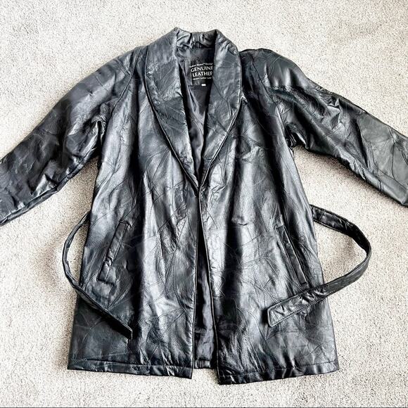 Vintage 80s 90s Italian Stone Design Genuine Leather Patchwork Trench Coat - Picture 8 of 16